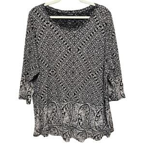 Lucky Brand Boho Knit Top Size 2X Black Ivory Paisley Print Scoop Neck Tunic